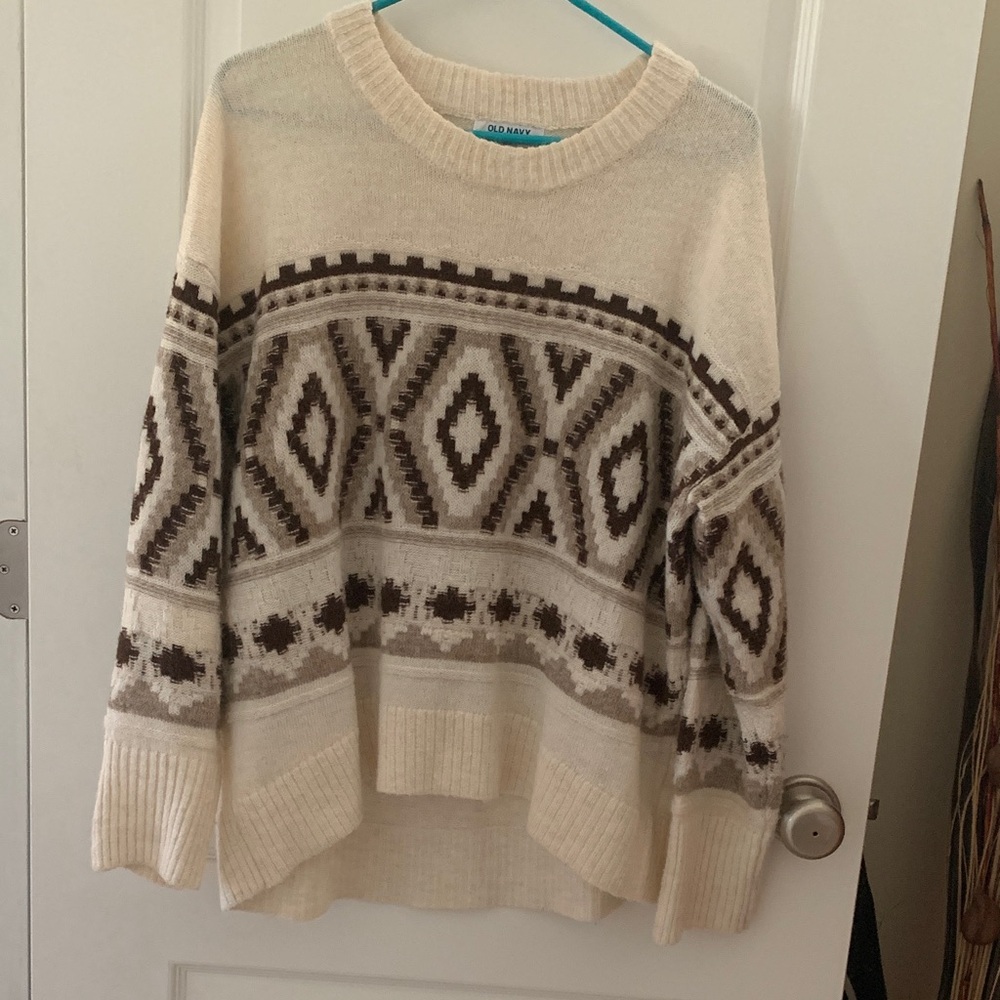 Old Navy Cream and Brown Geometric Sweater